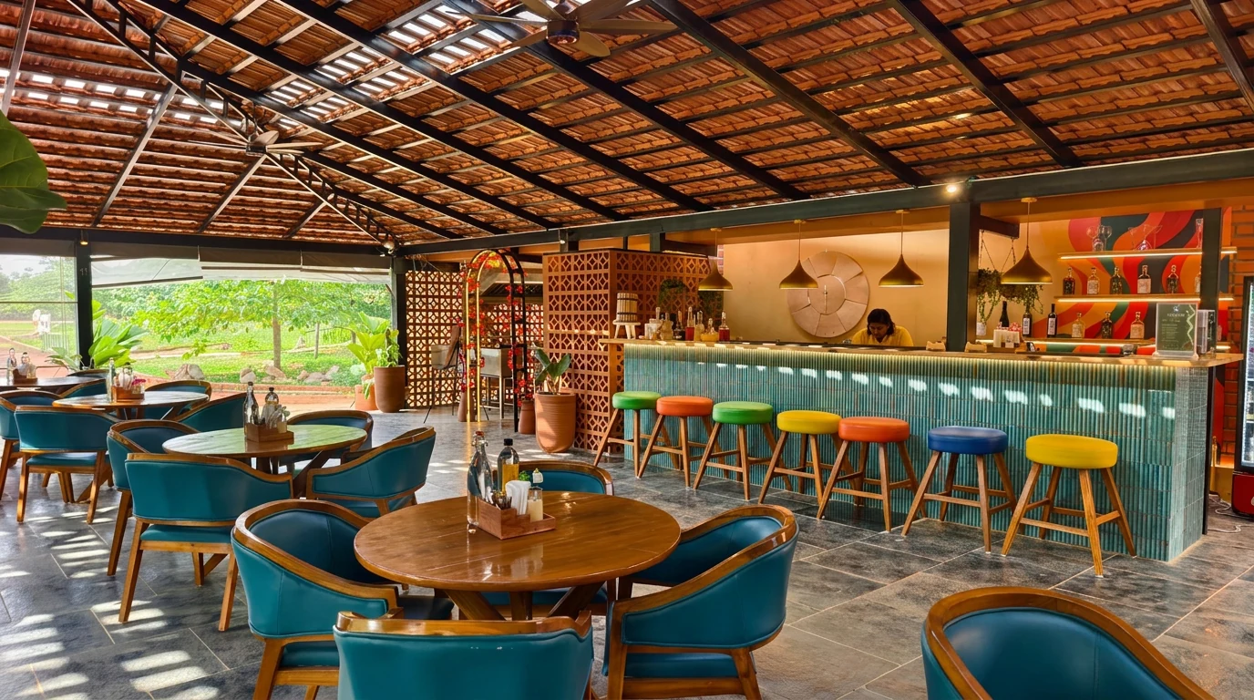 The Curio Table dining room with teal seating, tiled roof and colourful stools at the zero-proof bar